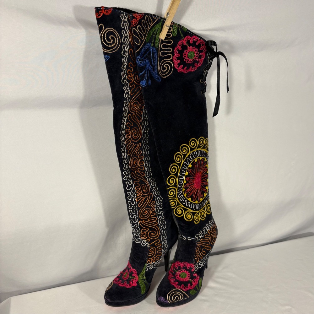 Zeyzani Suzani Black Over The Knee Boots Embroidered Stiletto Heel Platform